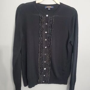 Brooks Brothers Ruffled Extra Fine Italian Merino Wool Black Cardigan SzL Preppy
